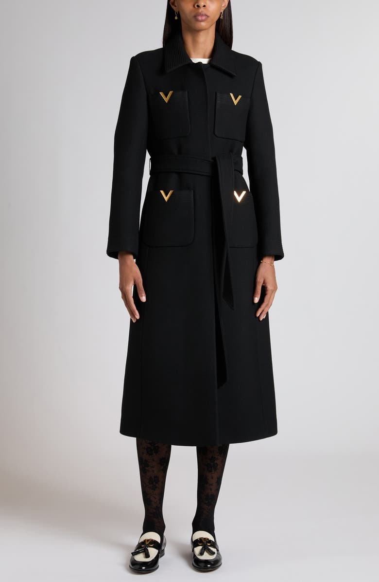 Valentino Garavani V-Detail Belted Virgin Wool & Silk Drill Coat, Main, color, Black