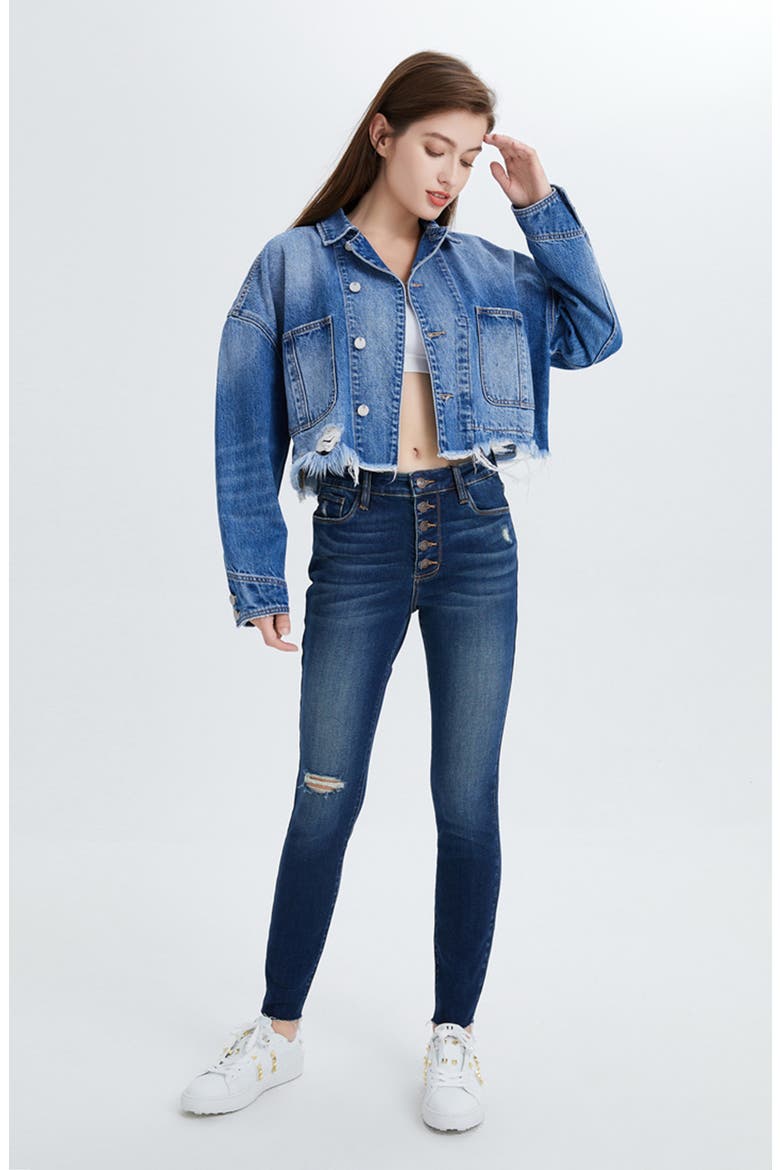 Frayed Crop Denim Jacket, Alternate, color, MEDIUM BLUE