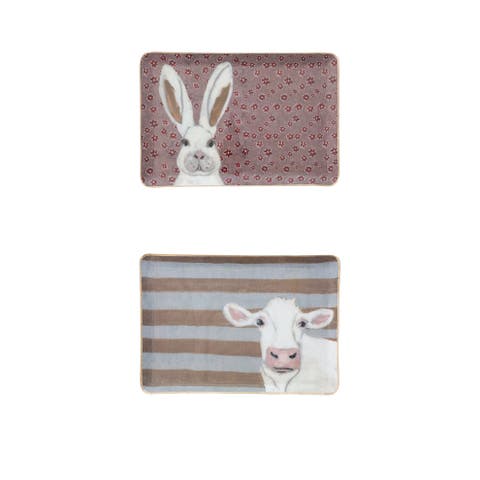 2-Piece Enameled Metal Trays with Patterns, Animal Images and Gold Edges, Multicolor