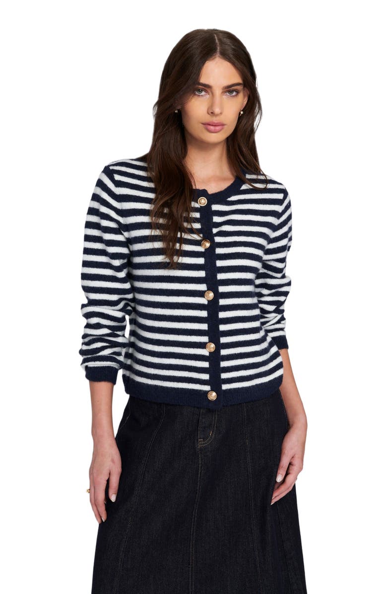 ELLE Collection Fuzzy Striped Cardigan Sweater, Alternate, color, Cream/Navy