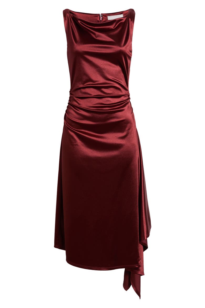 Ruched Asymmetric Satin Midi Dress, Alternate, color, RED PEAR