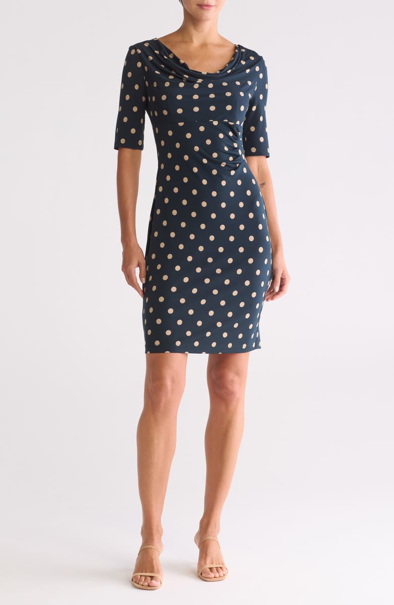 Connected Apparel Polka Dot Cowl Neck 3/4 Sleeve Midi Dress, Main, color, 