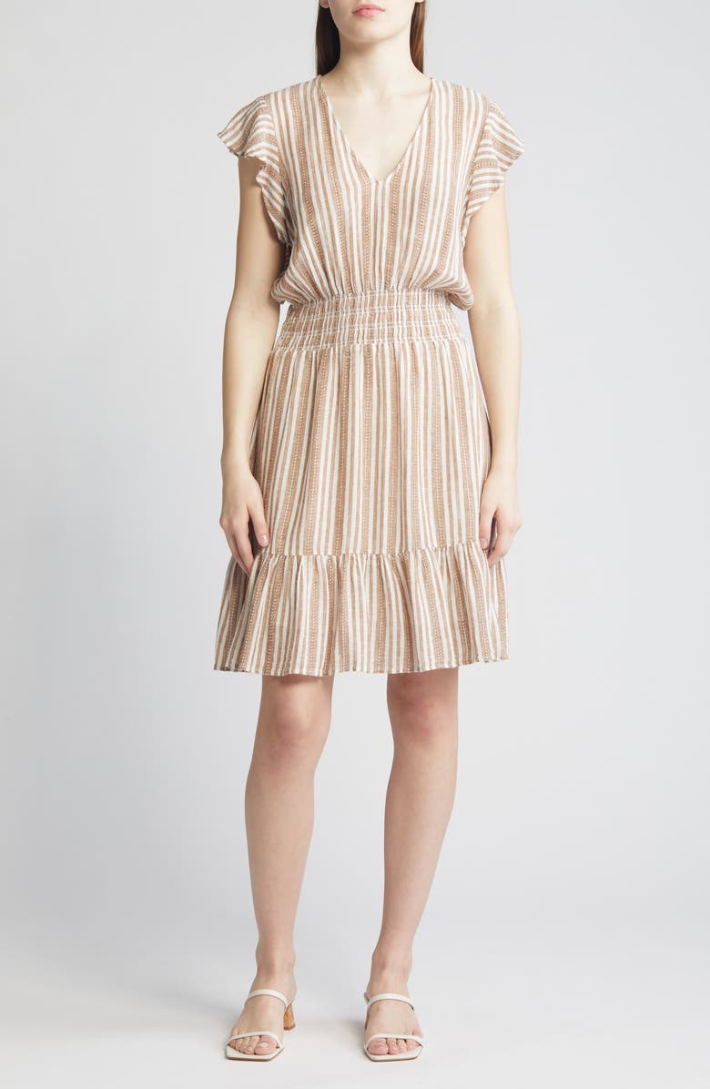 Rails Tara Stripe Ruffle Sleeve Linen Blend Dress, Main, color,