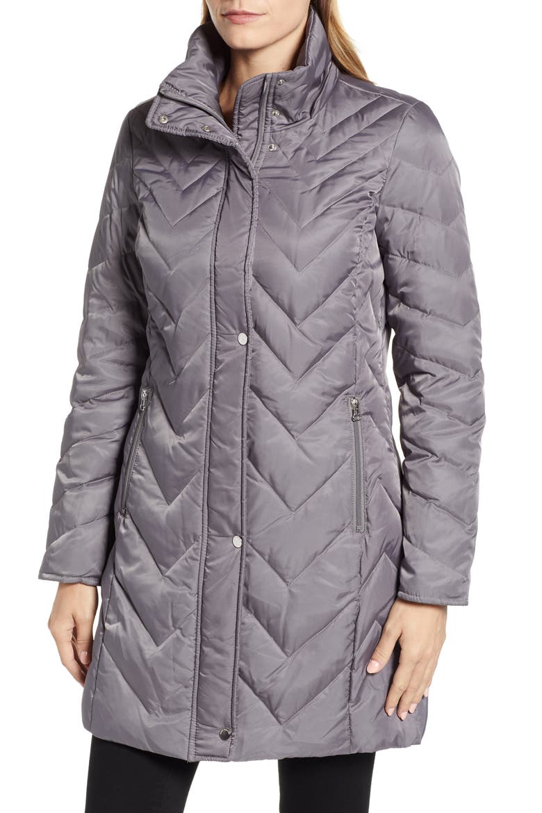 Matte Satin Chevron Faux Fur Trim Coat, Alternate, color, GREY