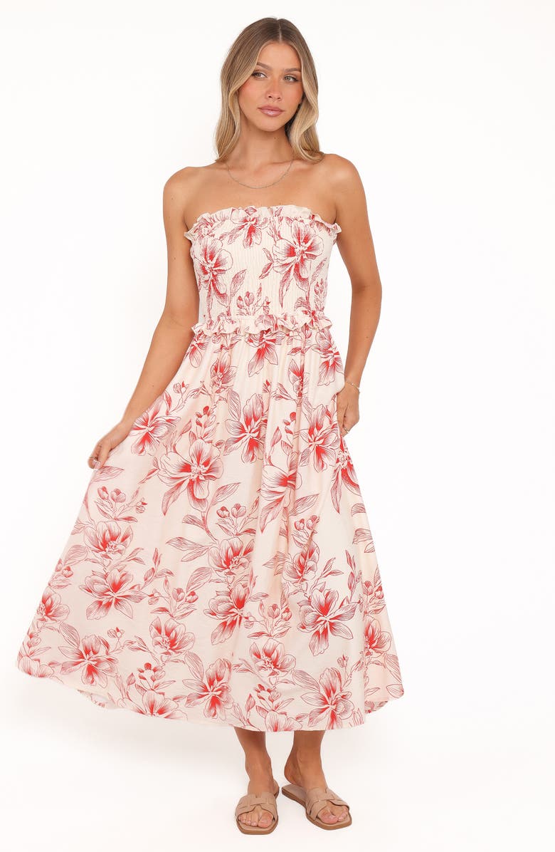 Petal & Pup Aviana Floral Print Strapless Midi Dress, Alternate, color, Red Floral