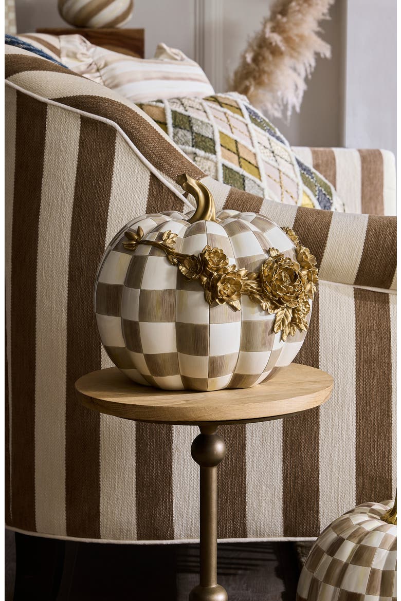 Mocha Check Floral Garland Pumpkin, Alternate, color, BROWN