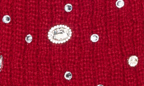 Nanette Lepore Rhinestone Beanie With Faux Fur Pompom In Red