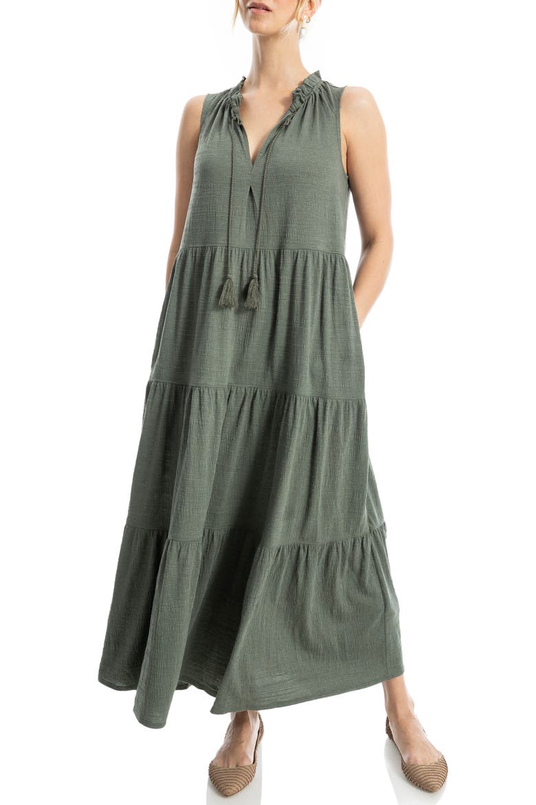Tie Neck Tiered Jersey Maxi Dress, Alternate, color, ARMY0T73-ARMY-0T73