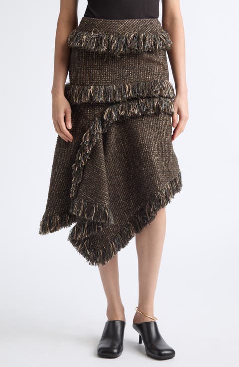 Fringe Asymmetric Wool Blend Tweed Skirt