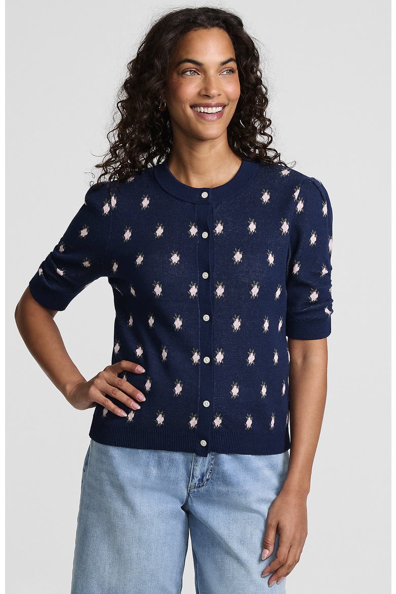 Ruched Sleeve Cardigan Sweater, Main, color, Blue/Pink Florals