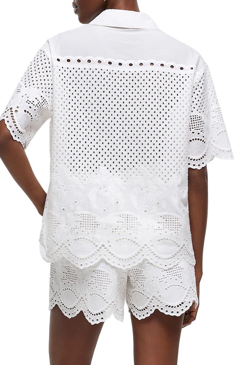 River Island Short Sleeve Broderie Anglaise Cotton Button-Up Shirt, Alternate, color, Ecru