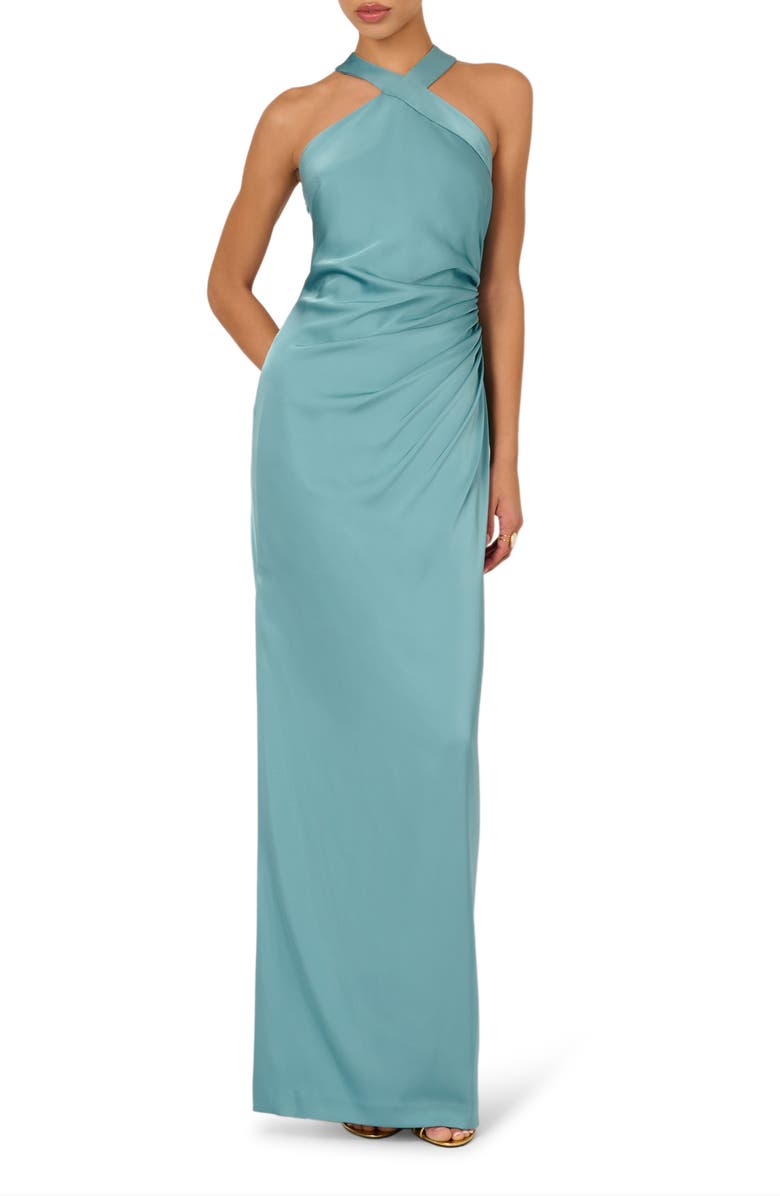 Adrianna Papell Ruched Drape Stretch Satin Gown, Main, color, Blue Heaven