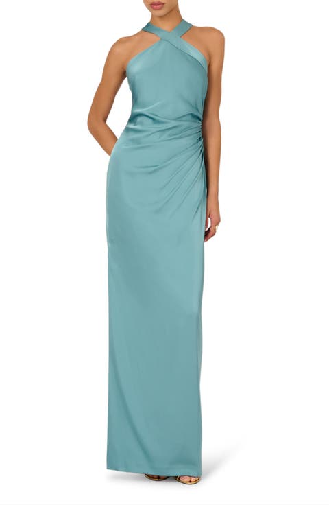 Ruched Drape Stretch Satin Gown