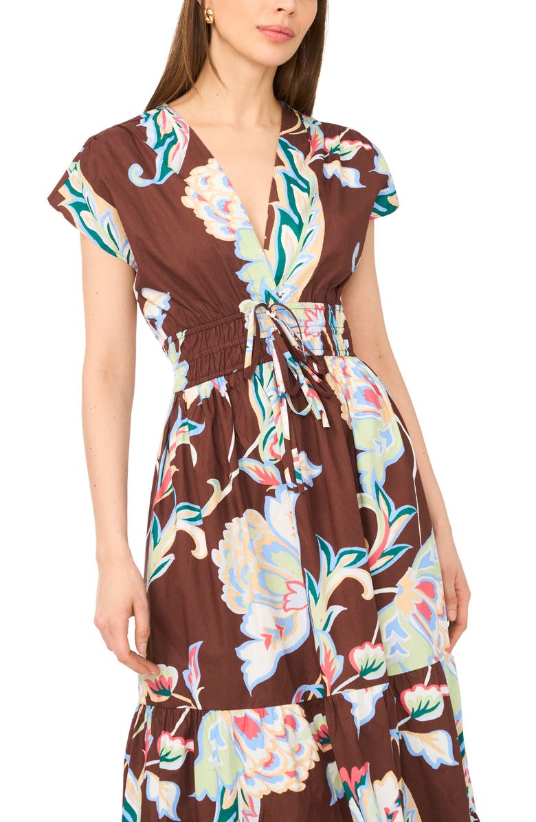 CeCe V-Neck Cotton Midi Dress, Alternate, color, Deep Mahogany