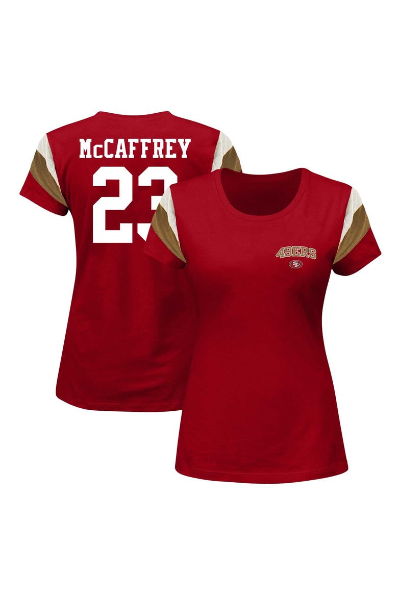 Women's Fanatics Branded Christian McCaffrey Scarlet San Francisco 49ers Plus Size Sleeve Stripe Name & Number T-Shirt, Main, color, Scarlet