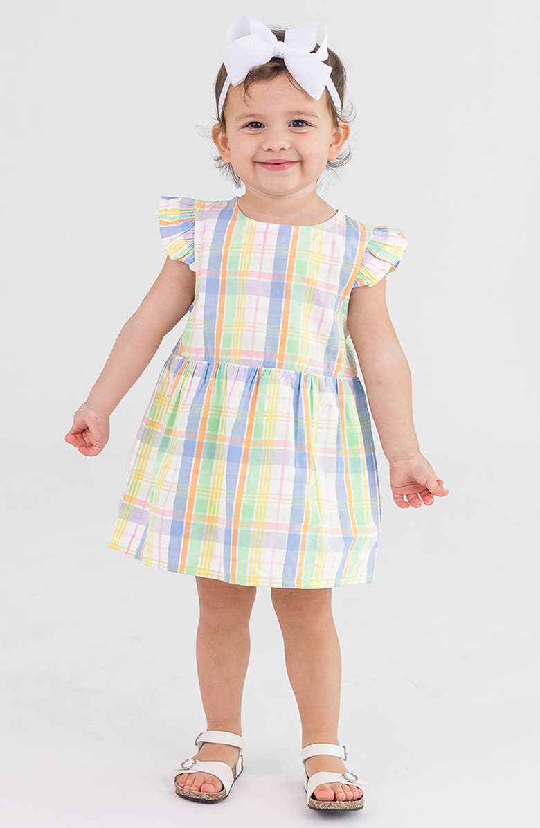 RuffleButts Kids' Rainbow Plaid Skirted Romper, Alternate, color,
