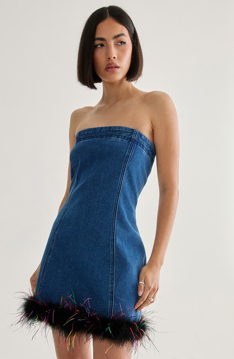 NASTY GAL Feather Hem Strapless Denim Minidress, Alternate, color, Authentic Denim