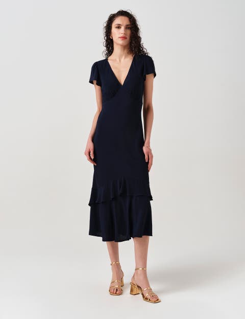 Corinne Frill Crepe Midi Dress