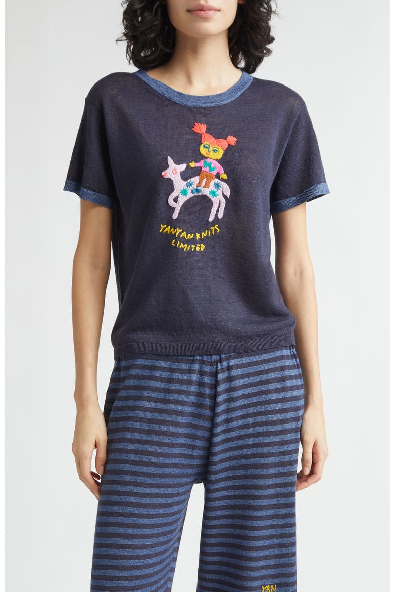 Campus Wawa Embroidered Linen Ringer T-Shirt, Main, color, INK