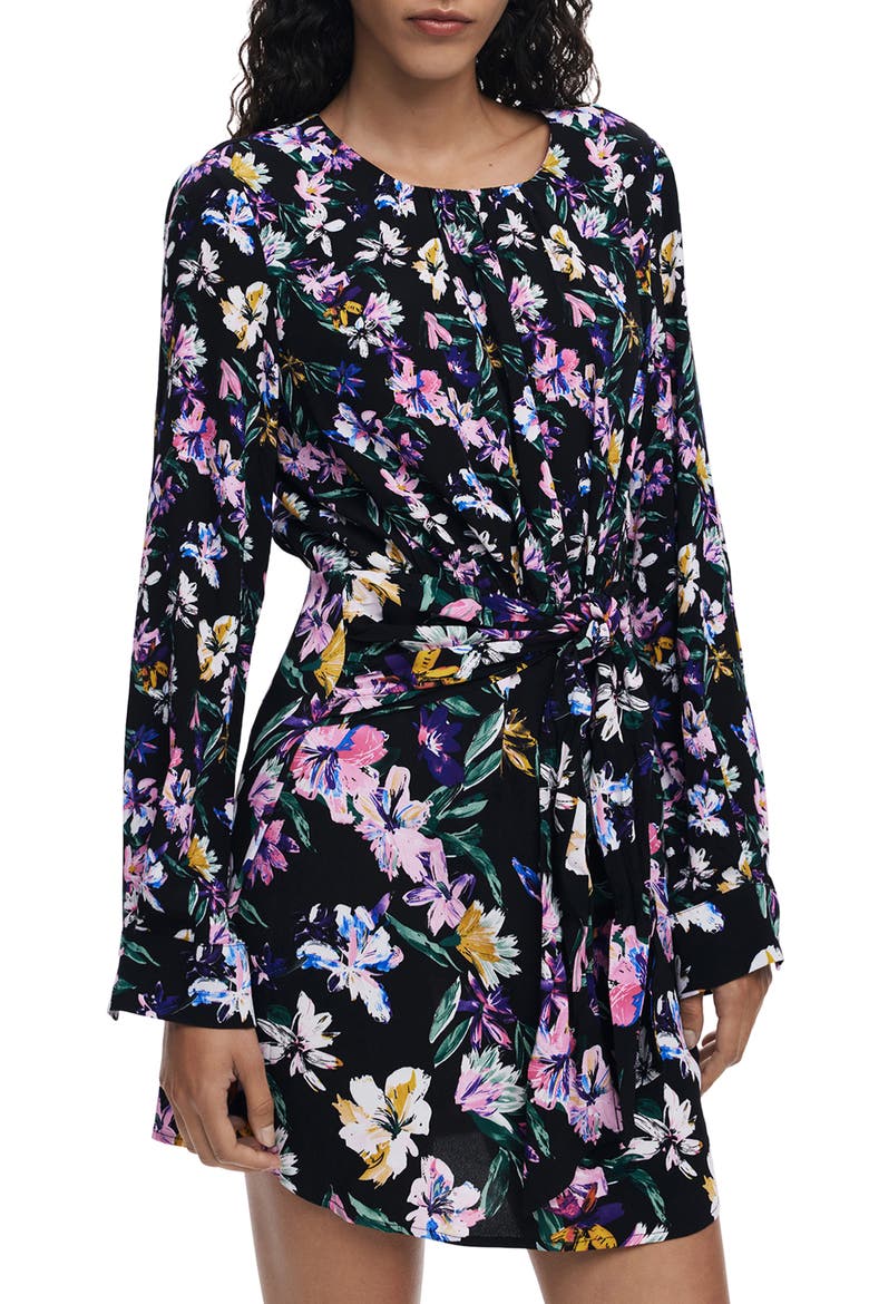 Floral Long Sleeve Minidress, Alternate, color, BLACK