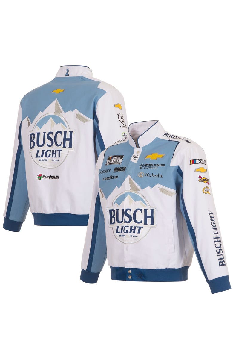 JH DESIGN Men's JH Design  White Ross Chastain Busch Light Twill Driver Uniform Full-Snap Jacket, Main, color, 