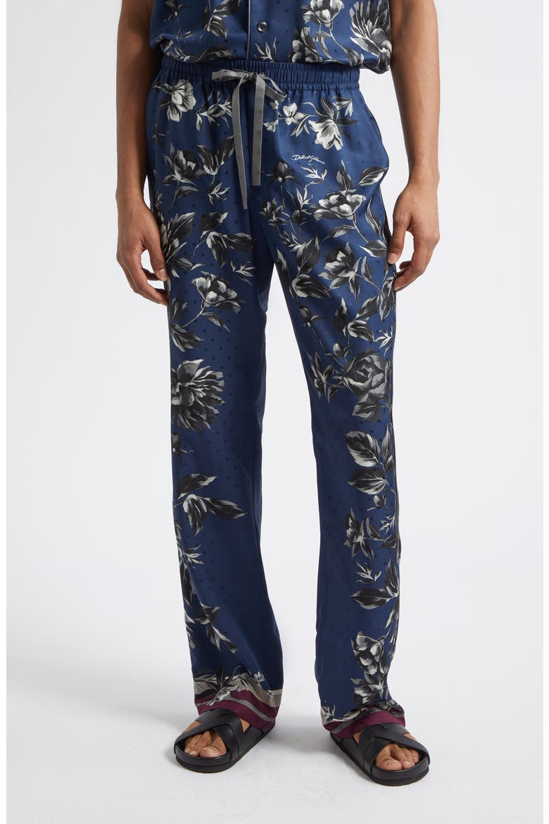 Peony Print Silk Twill Drawstring Pants, Main, color, PEONIE BLUE