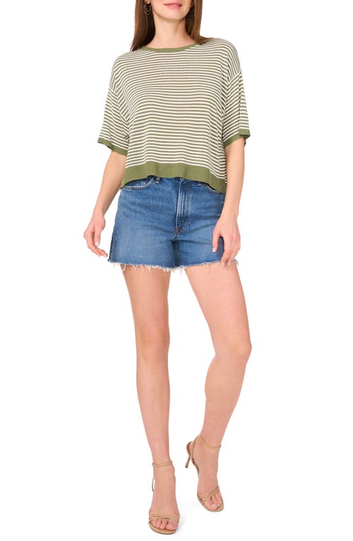 Two By Vince Camuto Stripe Elbow Sleeve Sweater In Dark Green