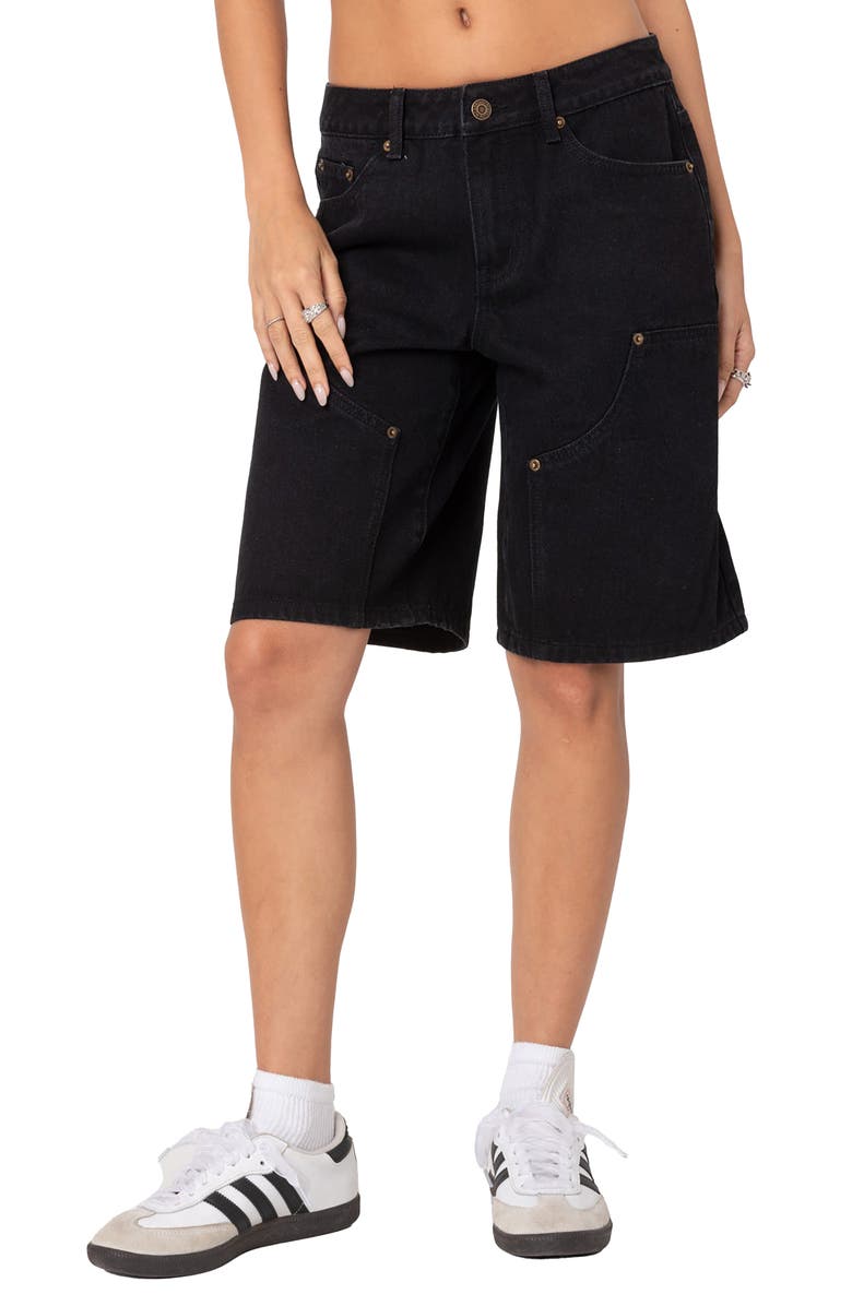 EDIKTED Jacqui Low Rise Denim Bermuda Shorts, Main, color, Black