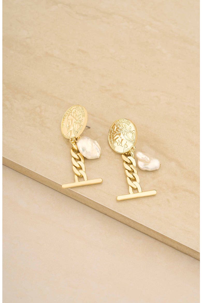 Coin Freshwater Pearl Drop Earrings, Alternate, color, GOLD