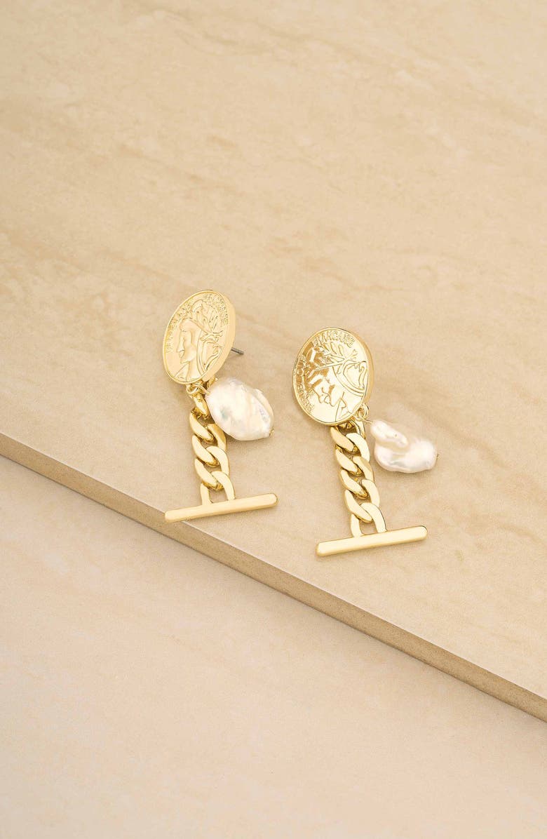 Ettika Coin Freshwater Pearl Drop Earrings, Alternate, color, Gold