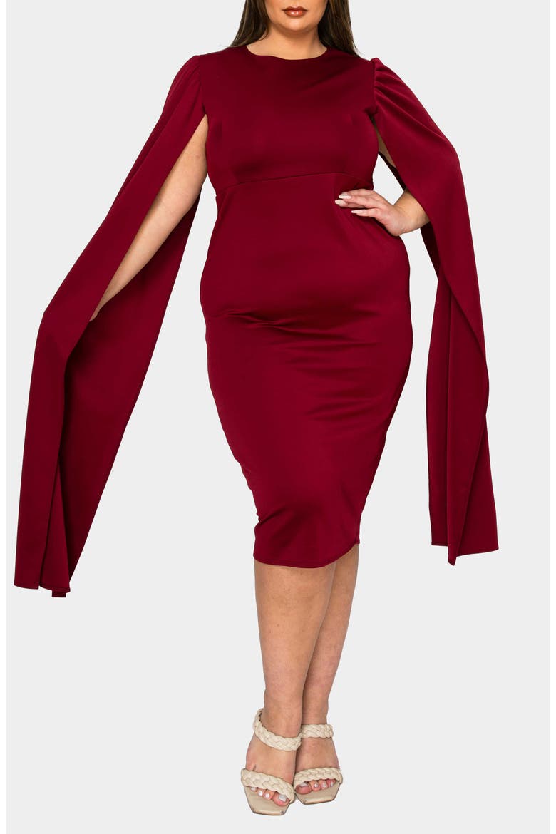 Naomi Cape Sleeve Midi Dress, Alternate, color, BURGUNDY