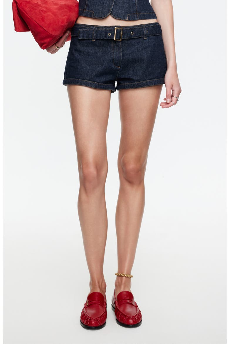 Afterglow Belted Low Rise Denim Shorts, Main, color, DARK DENIM