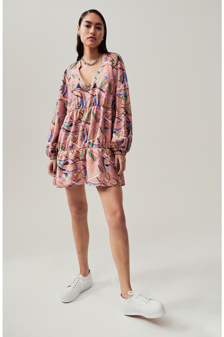 Long Sleeve Tiered Babydoll Dress, Alternate, color, TAN DOODLE PRINT