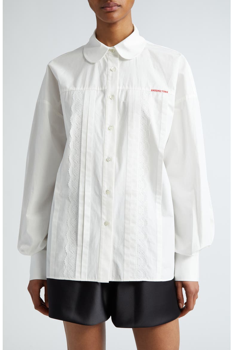 Lace Trim Cotton Poplin Shirt, Main, color, WHITE