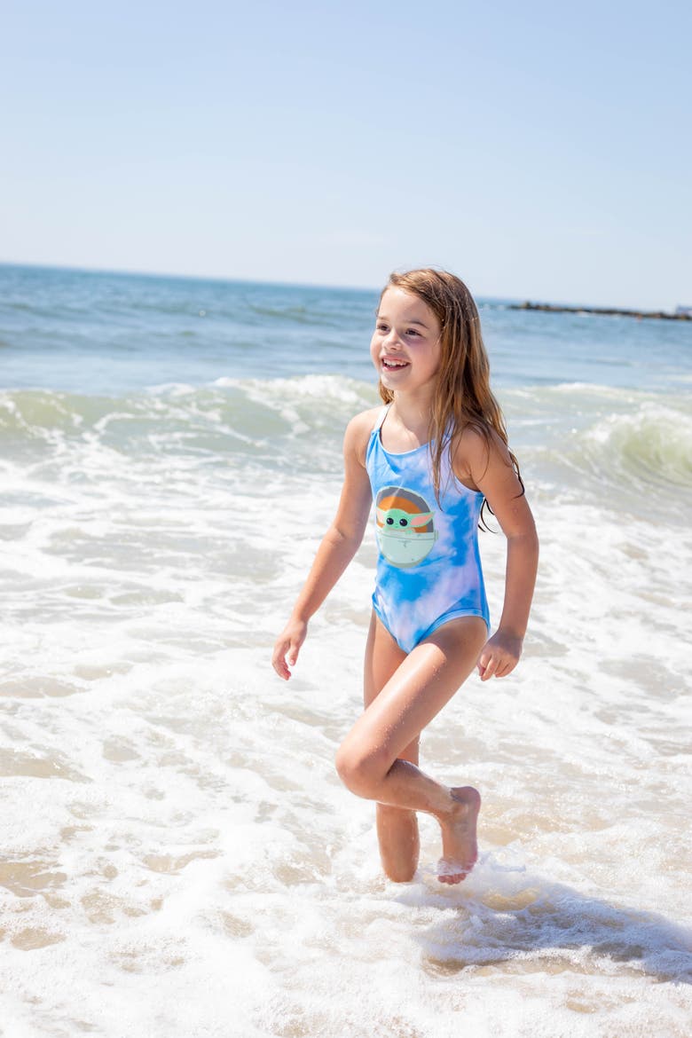 The Mandalorian Grogu One Piece Bathing Suit, Alternate, color, Grogu Blue Tie Dye