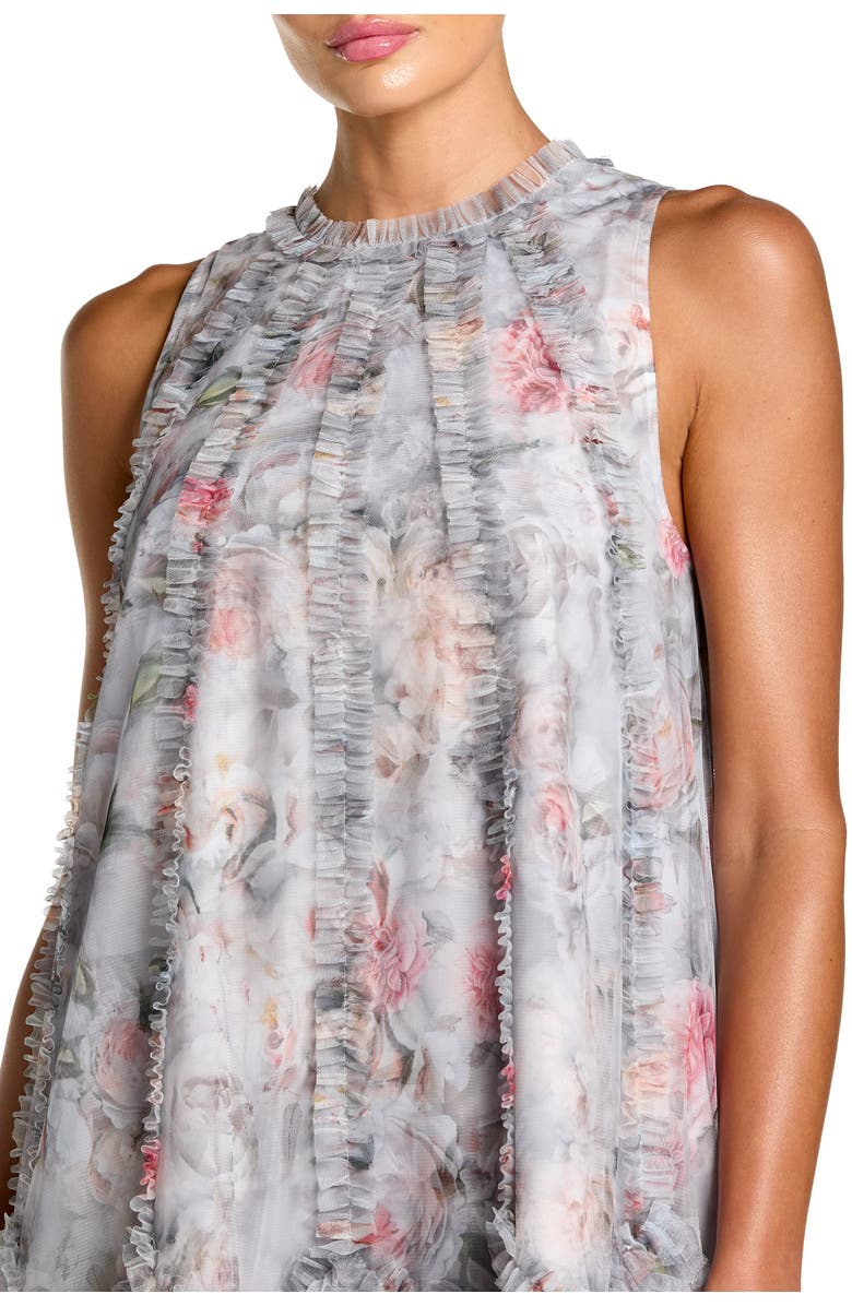 Mac Duggal Floral Ruffle High Neck Midi Dress, Alternate, color, Pearl Grey