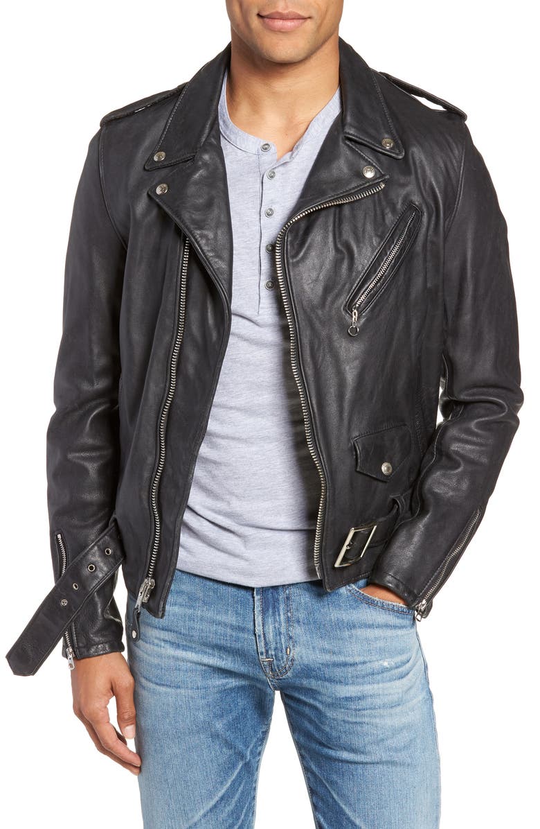 Schott NYC Hand Vintaged Cowhide Leather Motorcycle Jacket, Main, color, Black