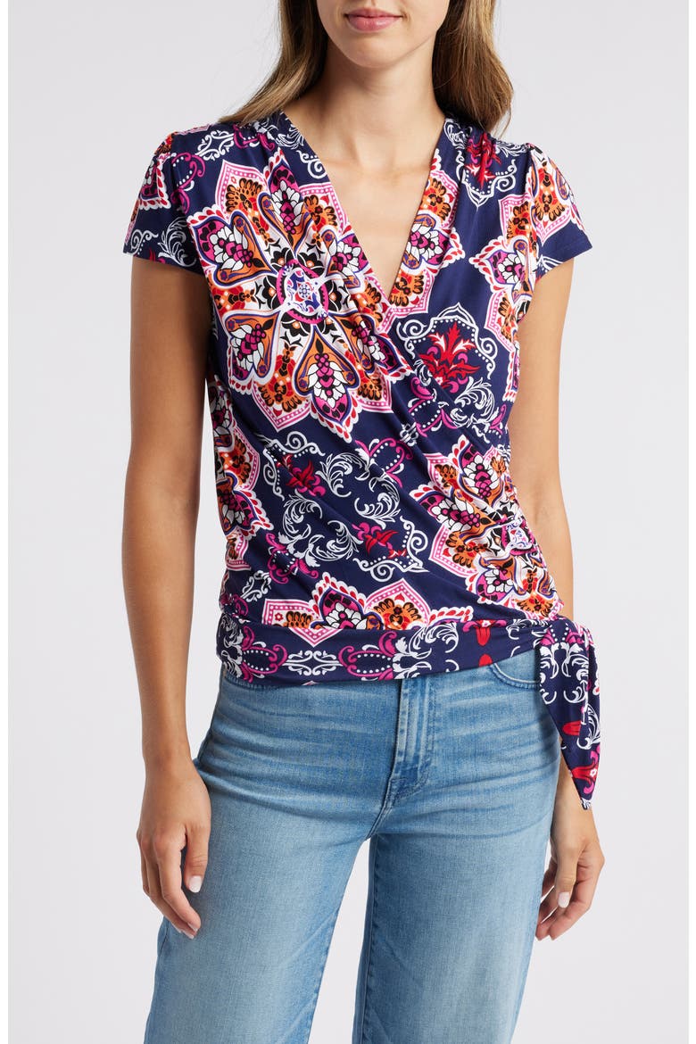 Faux Wrap Top, Main, color, NAVY HOT PINK