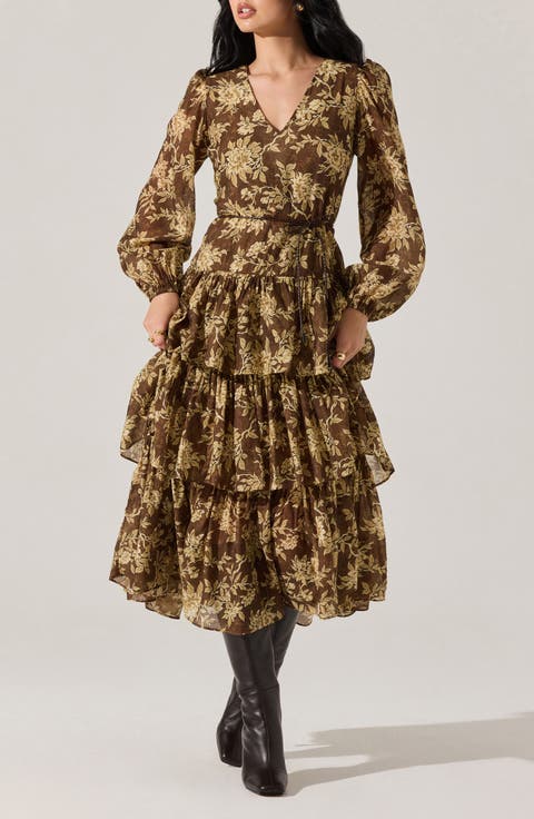 Franchesca Floral Long Sleeve Tiered Cotton Blend Dress