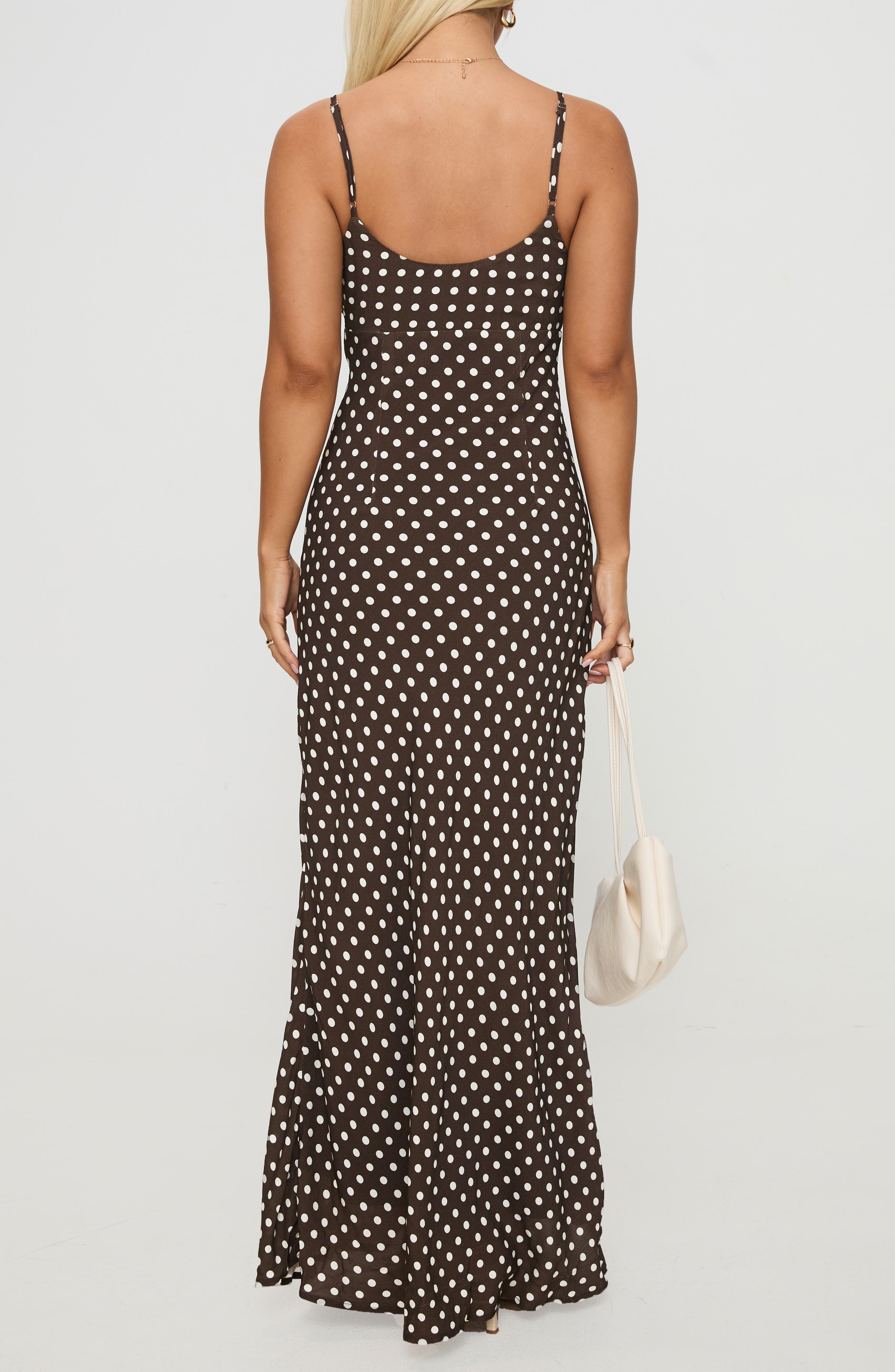 jorjana polka maxi dress brown white open lace back dress Jorjana Maxi Dress Brown | White Polka Dot | Brown