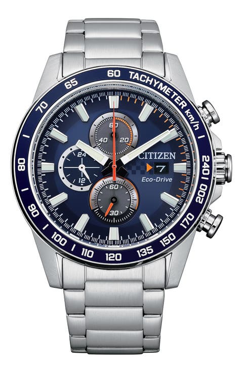 Eco Drive Chronograph Stainless Steel Bracelet Watch, 44mm