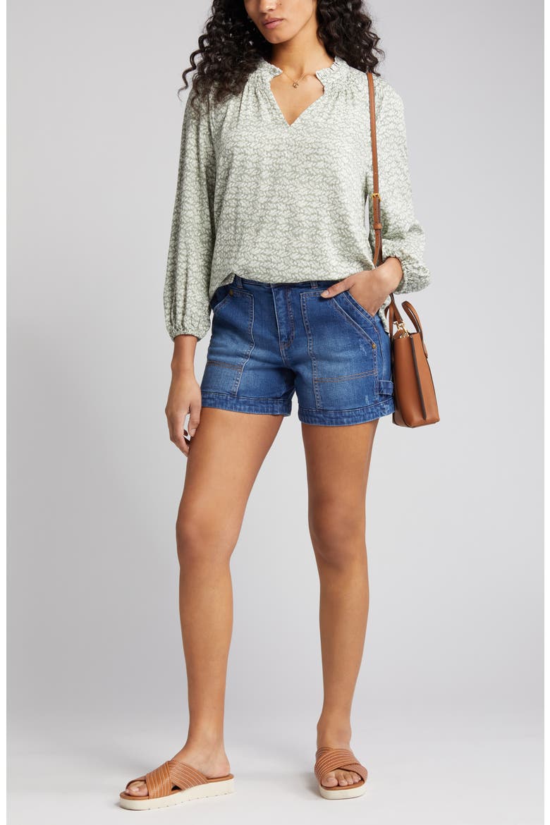 Split Neck Blouse, Main, color, GREEN DUNE- IVORY ELLA GEO