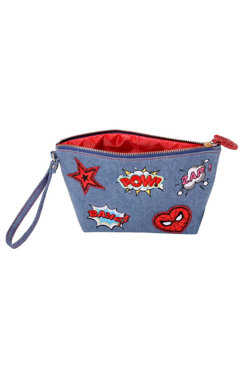 SpiderMan Denim Patch Cosmetic Pouch with Comic Pop Embellishments, Alternate, color, Denim
