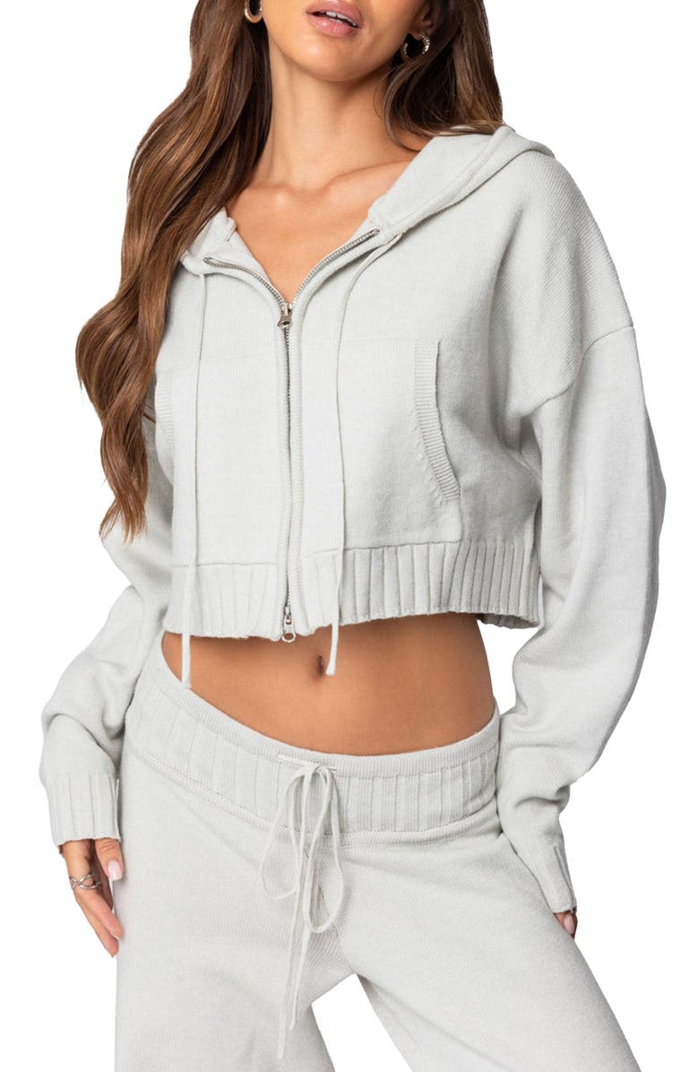EDIKTED Russell Crop Zip-Up Hoodie, Main, color, Light-Gray