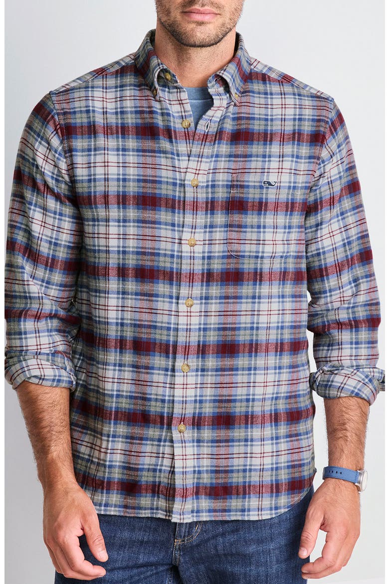 Great Point Plaid Stretch Flannel Button Down Shirt, Main, color, CRIMSON
