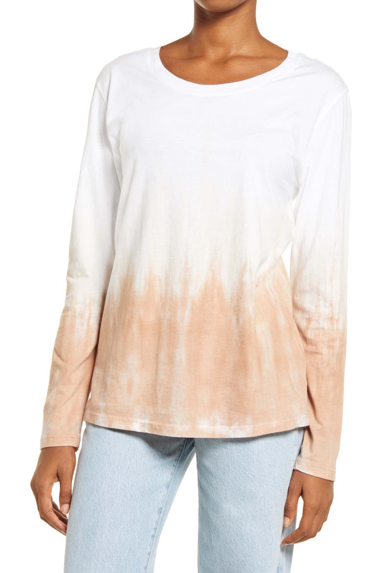 Tie Dye Long Sleeve Shirt, Main, color, WHITE- TAN COMBO