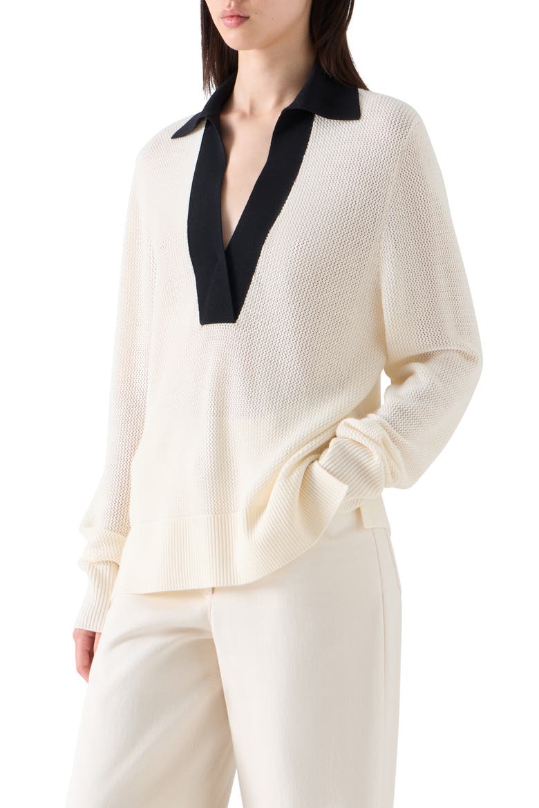Cool Virgin Wool Mesh Polo Sweater, Alternate, color, IVORY-BLACK