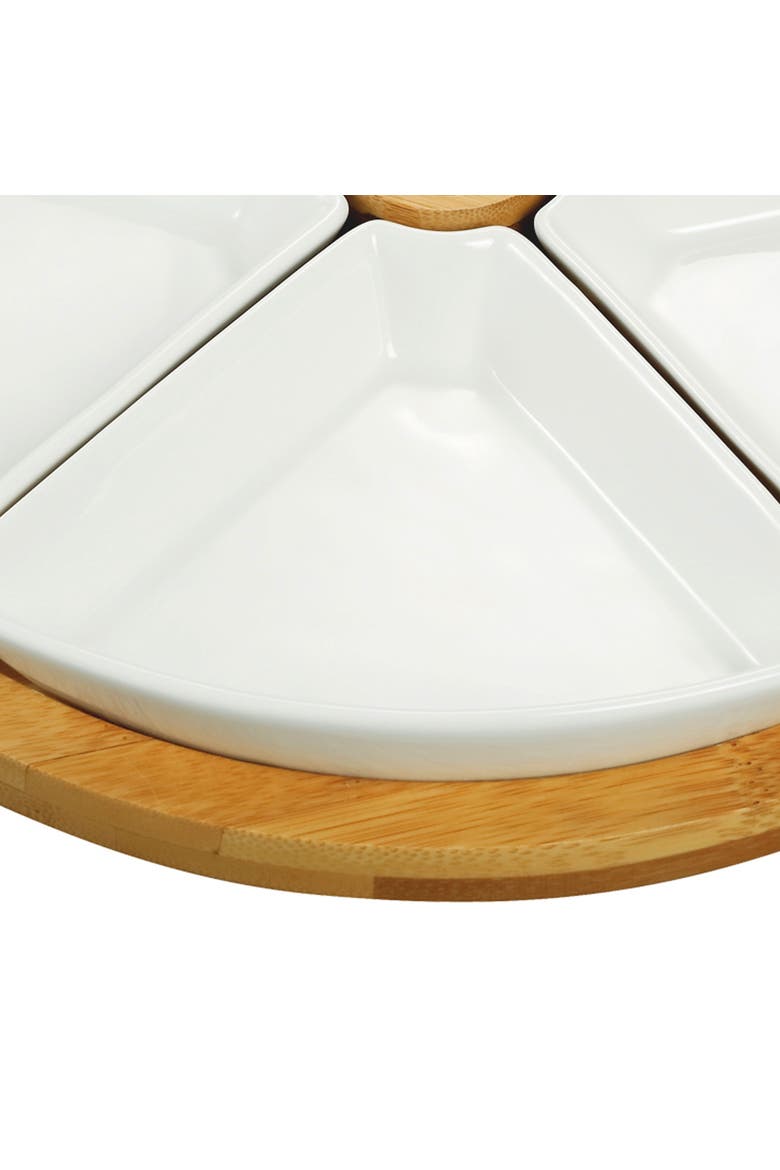 7 Piece Appetizer Serving Set with 5 Serving Dishes, Center Tooth Pick Holder and Wood Serving Tray, Alternate, color, White
