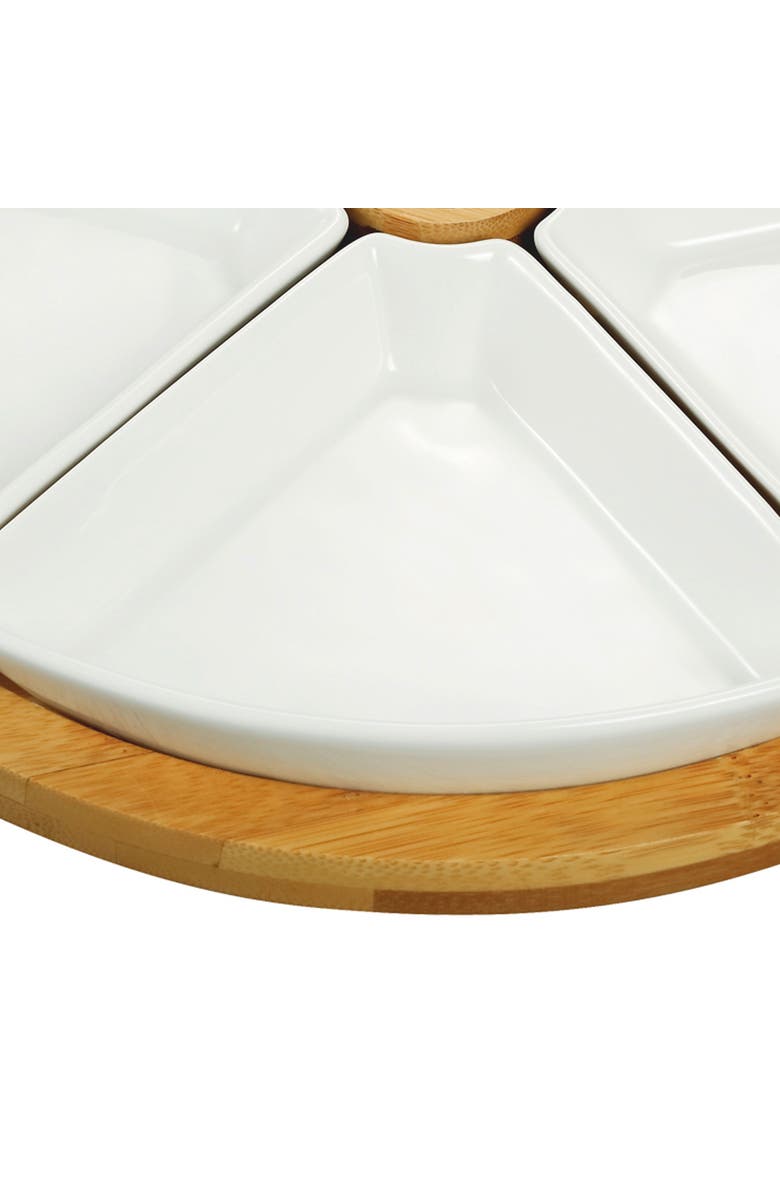 Elama 7 Piece Appetizer Serving Set with 5 Serving Dishes, Center Tooth Pick Holder and Wood Serving Tray, Alternate, color, White