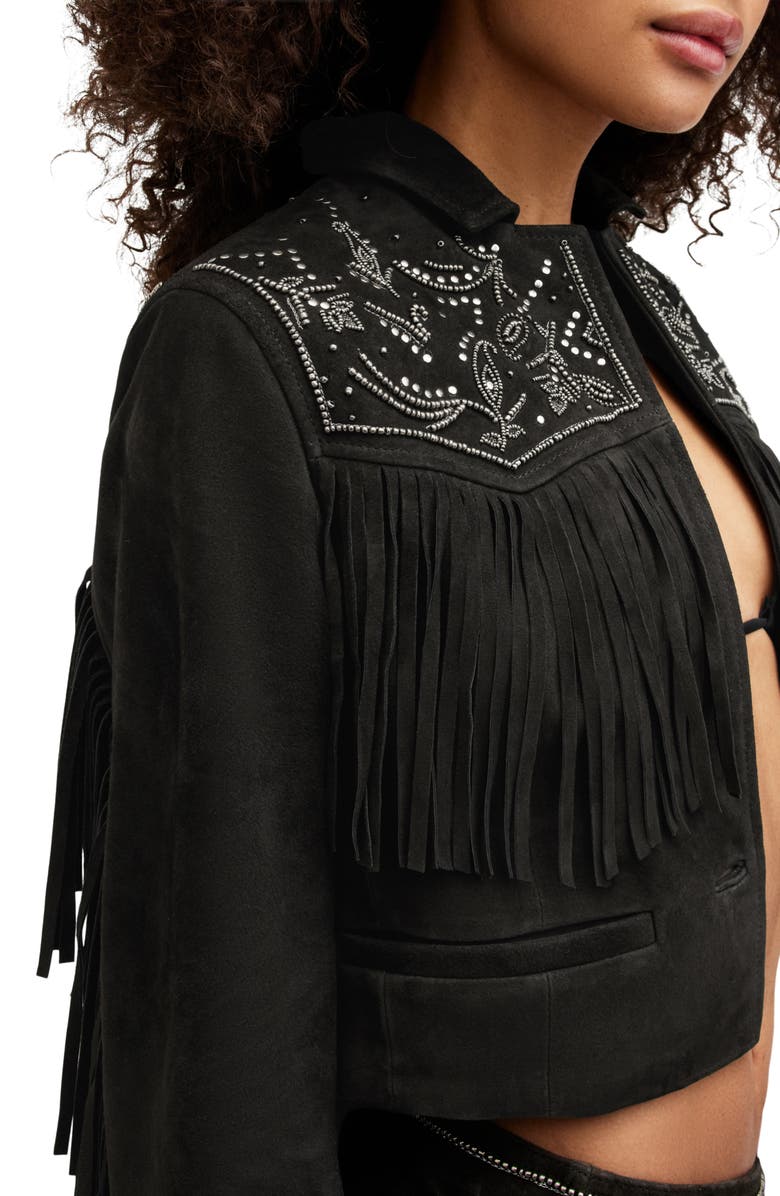 AllSaints Corinna Embellished Fringe Suede Crop Jacket, Alternate, color, 